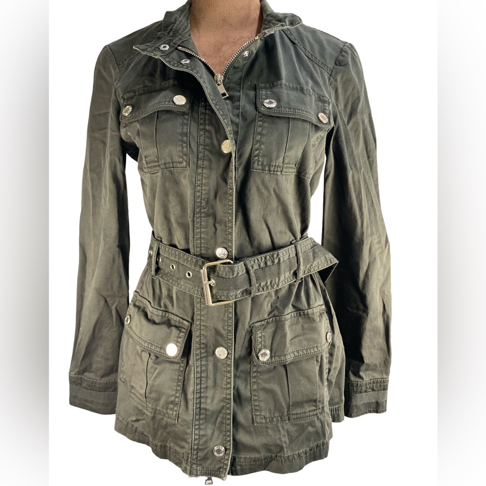 White House Black Market Women's 00 Utility Jacket Olive Green Gold‎ Button belt